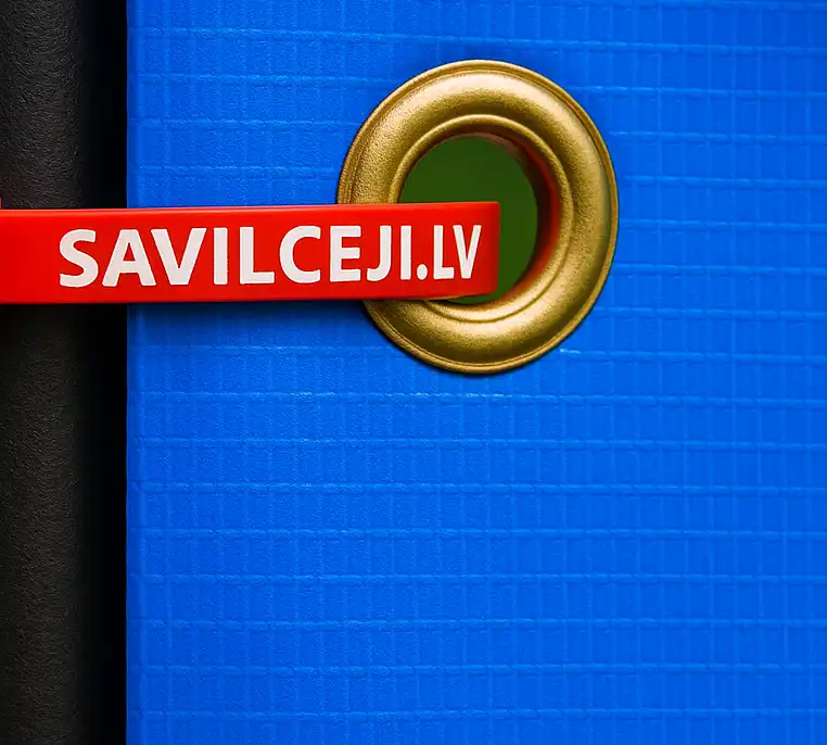 Sarkana pielāgota kabeļu saite ar uzrakstu 'SAVILCEJI.LV', kas izvilkta cauri banera gredzenam