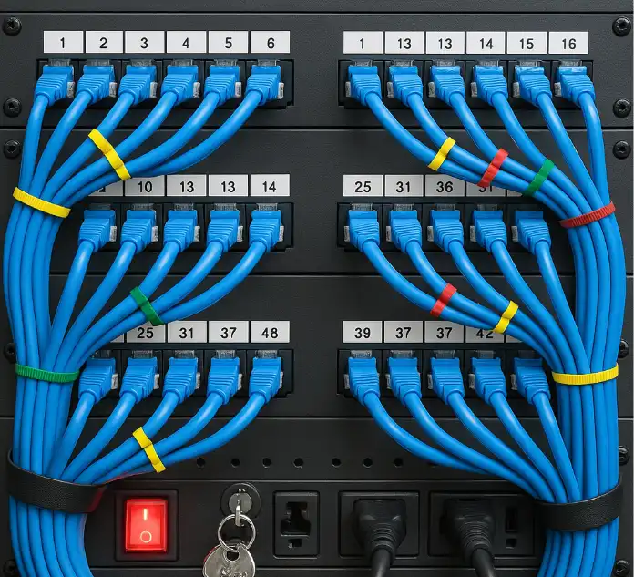 Tīkla slēdžu panelis ar rūpīgi sakārtotiem ziliem Ethernet kabeļiem, kas sasaistīti ar krāsainām kabeļu saitēm.