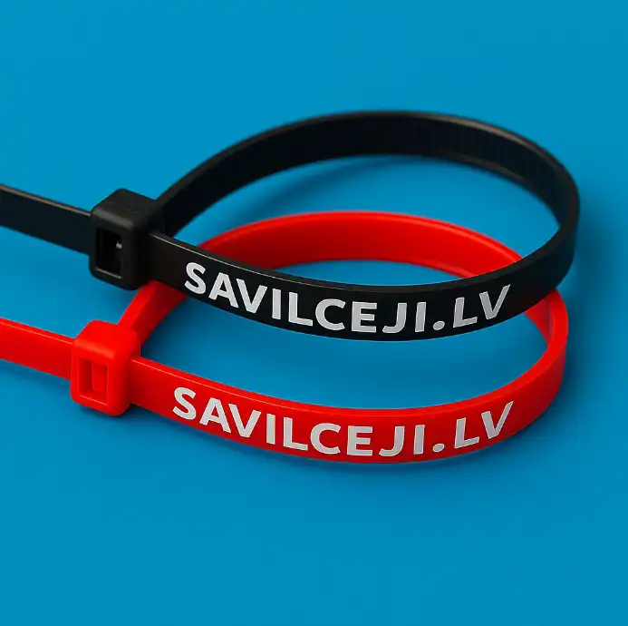 Sarkanas un melnas pielāgotas kabeļu saites ar uzrakstu 'SAVILCEJI.LV' uz zila fona.